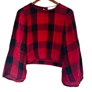 ANTHROPOLOGIE Cloth & Stone Plaid Crop Blouse in Red & Black Size XXS